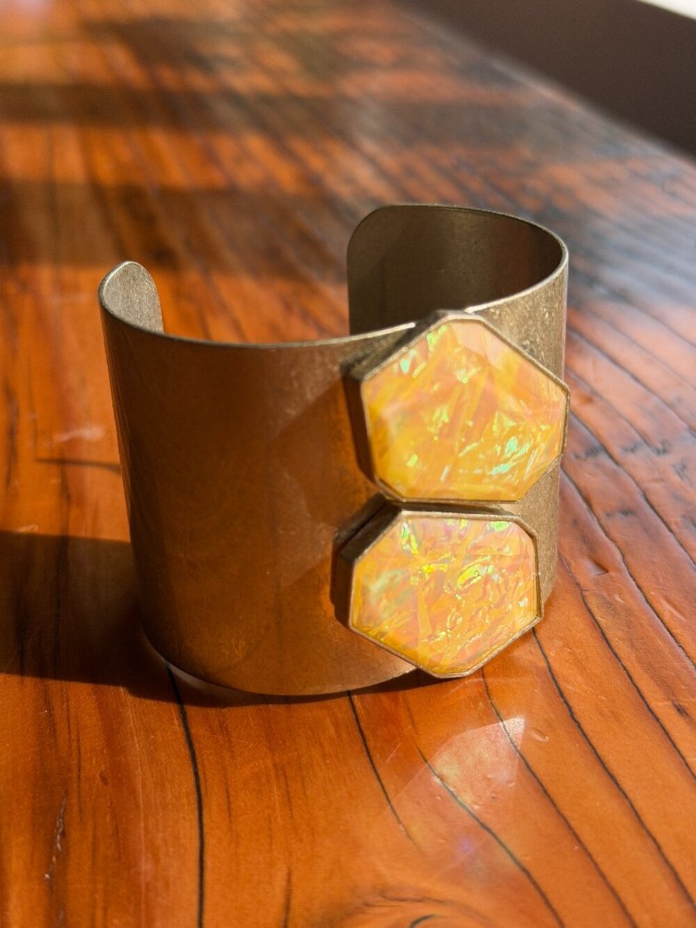 Brass Cuff Bracelet with Dichroic Glass Gems